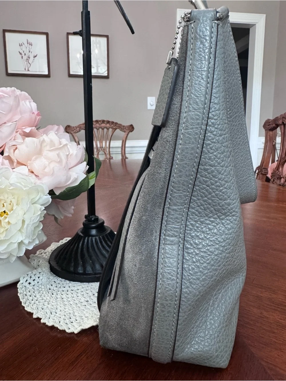 COACH Heather Gray Pebble Leather & Suede Marlon Hobo Bag & Matching Slim Accord